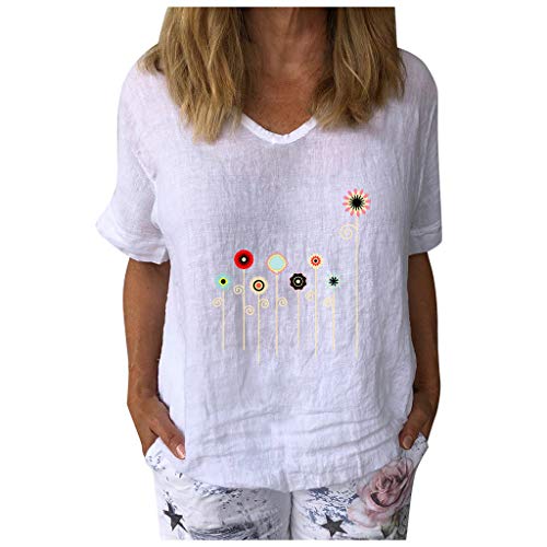 Damen Tops Casual Kurzarm T-Shirt mit Blumenmuster V-Ausschnitt Baumwolle Leinen Lose Tunika Bluse(XL,Weiß) von Masrin