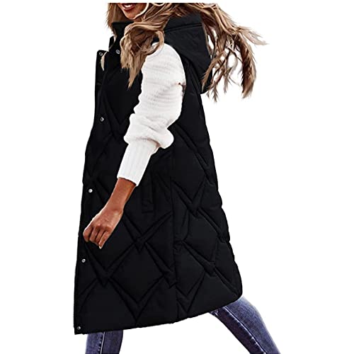 Daunenweste Damen Lang Winterjacke Einfarbig Daunenjacke Warm Weste Jacke mit Kapuze Steppjacke Wintermantel Casual Daunenmantel Slim Gilet mit Taschen Übergangsjacke Steppjacke Pufferjacket von Masrin