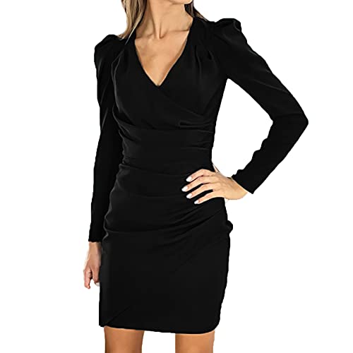 Etuikleid Damen Business Casual Kleid Einfarbige Berufskleidung Figurbetontes Kleid mit V Ausschnitt und Langen Ärmeln Gerafftes eng anliegendes Kleid Kurzes Kleid Party Kleider von Masrin