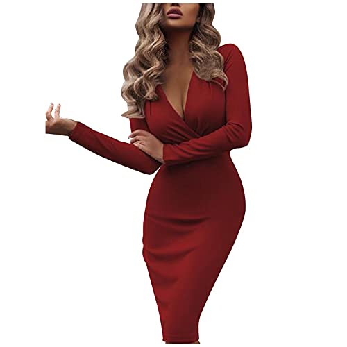 Etuikleid für Damen Sexy einfarbiges figurbetontes Kleid Enges Kleid mit tiefem V-Ausschnitt und Langen Ärmeln Partykleid mit hoher Taille Club-Kleid Tasche Hüftkleid(2XL,Rot) von Masrin