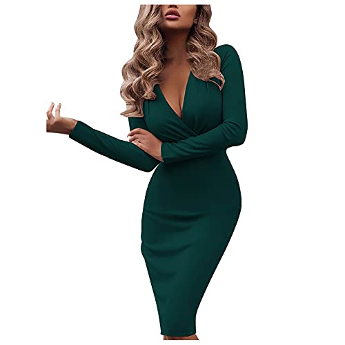 Etuikleid für Damen Sexy einfarbiges figurbetontes Kleid Enges Kleid mit tiefem V-Ausschnitt und Langen Ärmeln Partykleid mit hoher Taille Club-Kleid Tasche Hüftkleid(L,Grün) von Masrin