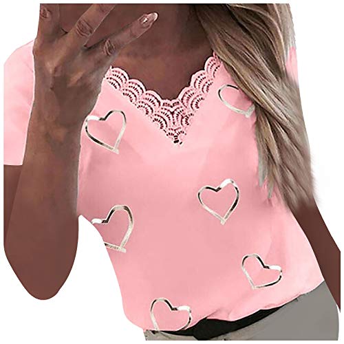 Frauen Tops Fashion Hearts Print Shirt V-Ausschnitt Spitze Patchwork T-Shirt Kurzarm Pullover Bluse Elegante Bürokleidung(S,Rosa) von Masrin