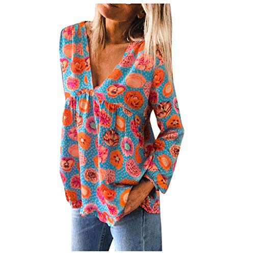 Frauen Tops Mode Bunte Blumen 3D-Bedruckte Pullover Langarm V-Ausschnitt Shirt Casual Loose Tunika Bluse(S,Orange) von Masrin