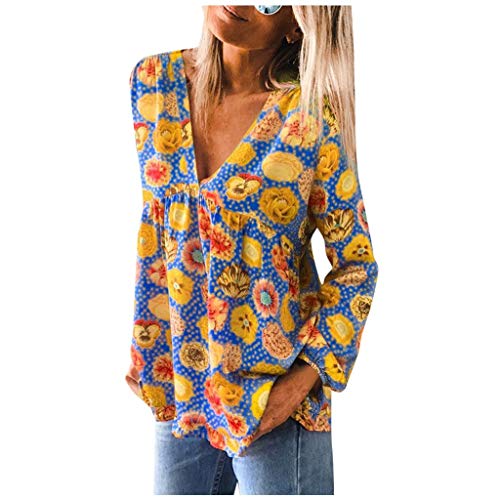 Frauen Tops Mode Bunte Blumen 3D-Bedruckte Pullover Langarm V-Ausschnitt Shirt Casual Loose Tunika Bluse(XL,Gelb) von Masrin