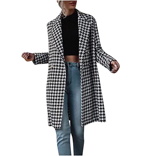 Hahnentritt Mantel Damen Verlängernder Trenchcoat Langärmlige Wolljacke mit Revers Herbst Wollmantel Zweireihige Strickjacke Blo Winterjacke Übergangsjacke Wintermantel Windjacke von Masrin