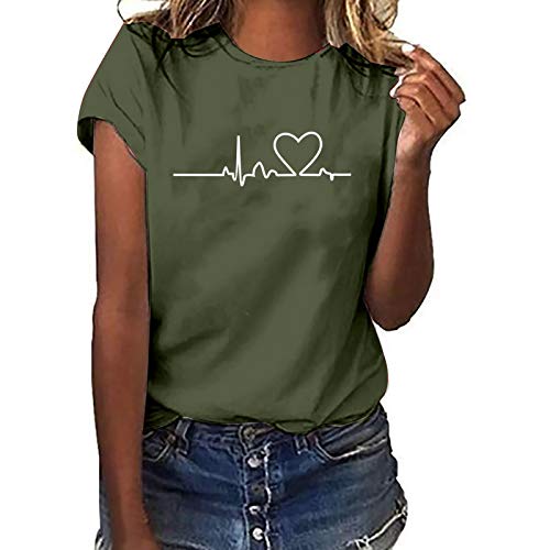 Herzschlag gedruckt T-Shirt Frauen Tops Sommer Kurzarm Basic Pullover Casual Herzmotiv Tunika O-Ausschnitt lose Bluse(XL,Z3 Armeegrün) von Masrin