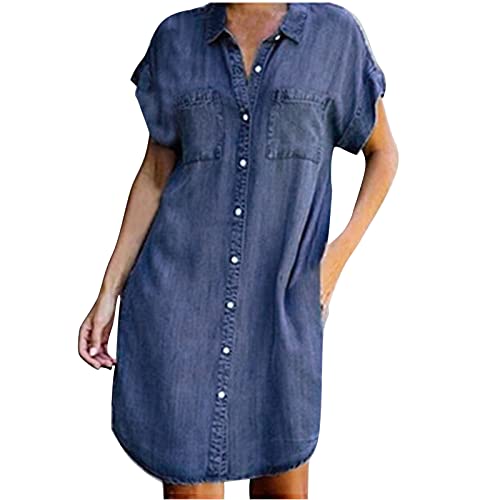 Jeanskleid für Damen Sommer Umlegekragen Kurzarm Hemdblusenkleid Einfarbiges, lockeres Etuikleid mit Taschen Knielanges Kleid Trendige Streetwear(2XL,Dunkelblau) von Masrin