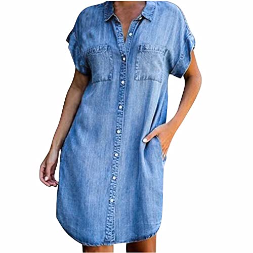 Jeanskleid für Damen Sommer Umlegekragen Kurzarm Hemdblusenkleid Einfarbiges, lockeres Etuikleid mit Taschen Knielanges Kleid Trendige Streetwear(S,Blau) von Masrin