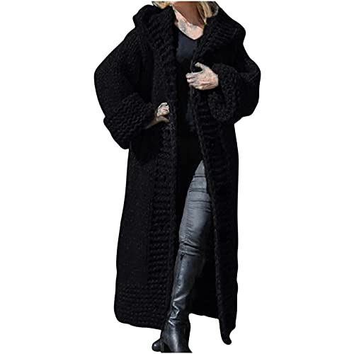 Kapuzen Strickjacke Damen Übergroßer einfarbiger Strickpullover Grobstrick Kapuzenmantel Einreihige Cardigan Bluse Knöchellange Maxi Windjacke Warmer Winterjacke Übergangsjacke Wintermantel von Masrin