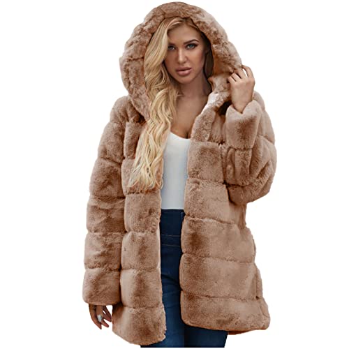 Kunstpelz Mantel Damenmode einfarbiger Pelzmantel mit Kapuze Warme Winterjacke Verdickung Verlängerung Plüschmantel Knopflose Strickjacke mit offenem Stich Trenchcoat Übergangsjacke Steppjacke von Masrin