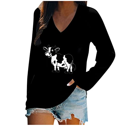 Langarmshirts Damen Oberteile mit Kuh Print Frühling Herbst Pullover Pulli Tops mit Tiergrafiken Langarm Tunika mit V Ausschnitt Basic All Match Tunika Bluse Teenager Mädchen Streetwear Tshirt von Masrin