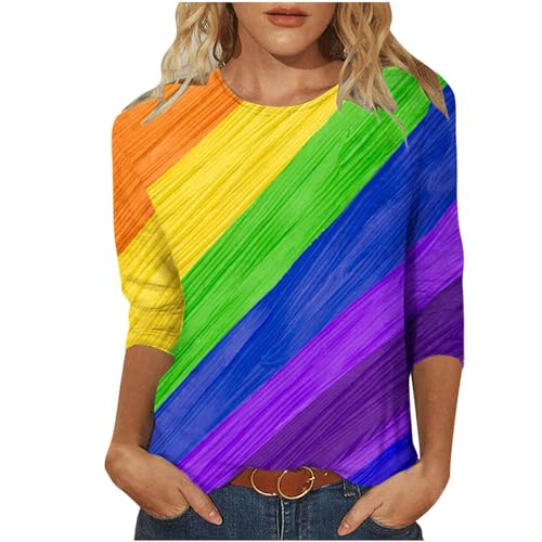 Masrin 3/4 arm Shirt Damen Regenbogen Farbverlauf Druck Tshirt Rundhals Tunika Dreiviertelärmel Pullover Y2K 3D Druck Pulli Tops Frühlings Sommer Basic Shirts Plus Size Tunika Bluse Streetwear S-5XL von Masrin