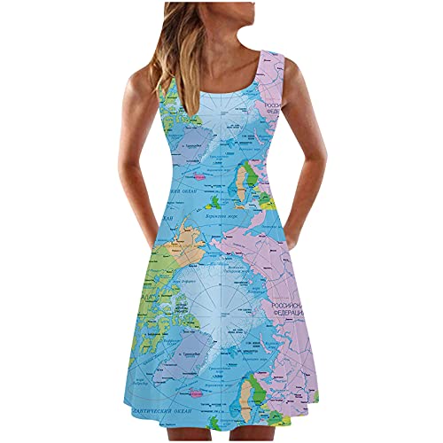 Masrin A-Linien-Kleid für Damen Skaterkleid mit Weltkarten-Print Ärmelloses Sommer-Trägerkleid mit O-Ausschnitt Knielanges Swingkleid Strandkleid für den Urlaub Tägliches Kleid von Masrin