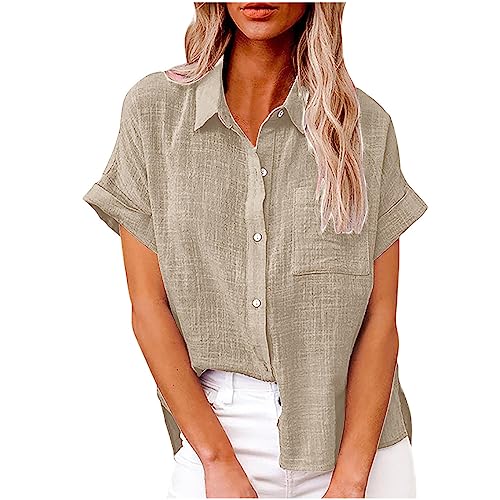 Masrin Bluse Damen Button Down Hemden Shirt aus Baumwoll Leinen Kurzarm Hemdbluse mit Revers Einfarbige Oberteile Urlaub Freizeithemd Tops Hemdbluse Blusenshirt Sommer Strandshirt S-5XL von Masrin