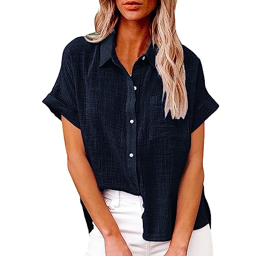 Masrin Bluse Damen Button Down Hemden Shirt aus Baumwoll Leinen Kurzarm Hemdbluse mit Revers Einfarbige Oberteile Urlaub Freizeithemd Tops Hemdbluse Blusenshirt Sommer Strandshirt S-5XL von Masrin