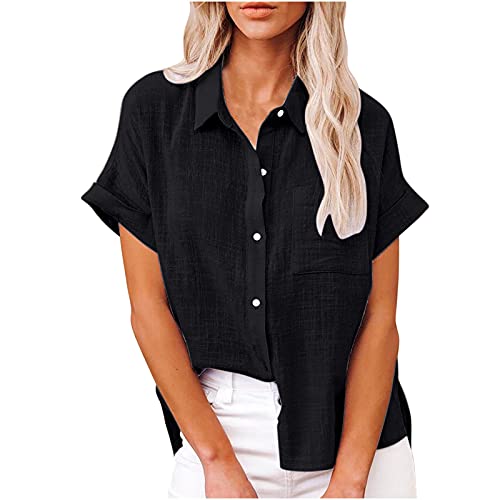 Masrin Bluse Damen Button Down Hemden Shirt aus Baumwoll Leinen Kurzarm Hemdbluse mit Revers Einfarbige Oberteile Urlaub Freizeithemd Tops Hemdbluse Blusenshirt Sommer Strandshirt S-5XL von Masrin