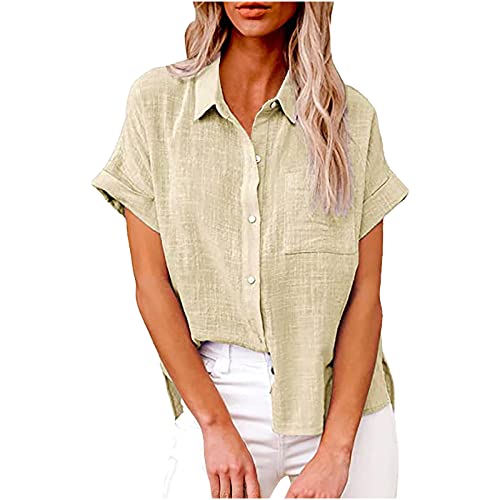 Masrin Bluse Damen Button Down Hemden Shirt aus Baumwoll Leinen Kurzarm Hemdbluse mit Revers Einfarbige Oberteile Urlaub Freizeithemd Tops Hemdbluse Blusenshirt Sommer Strandshirt S-5XL von Masrin