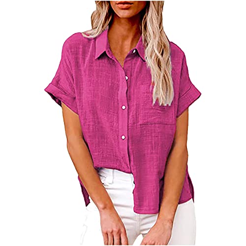 Masrin Bluse Damen Button Down Hemden Shirt aus Baumwoll Leinen Kurzarm Hemdbluse mit Revers Einfarbige Oberteile Urlaub Freizeithemd Tops Hemdbluse Blusenshirt Sommer Strandshirt S-5XL von Masrin