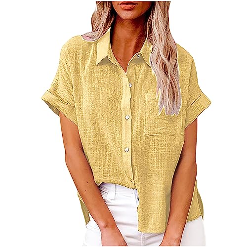 Masrin Bluse Damen Button Down Hemden Shirt aus Baumwoll Leinen Kurzarm Hemdbluse mit Revers Einfarbige Oberteile Urlaub Freizeithemd Tops Hemdbluse Blusenshirt Sommer Strandshirt S-5XL von Masrin