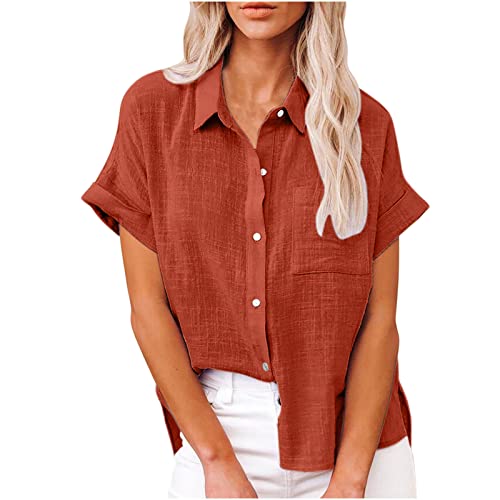 Masrin Bluse Damen Button Down Hemden Shirt aus Baumwoll Leinen Kurzarm Hemdbluse mit Revers Einfarbige Oberteile Urlaub Freizeithemd Tops Hemdbluse Blusenshirt Sommer Strandshirt S-5XL von Masrin