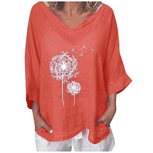 Masrin Damen Baumwolle und Leinen Tops Vintage Plus Size Blumendruck T-Shirt Einfarbige V-Ausschnitt 3/4 Ärmel lose Tunika Bluse(XXXXL,Orange) von Masrin