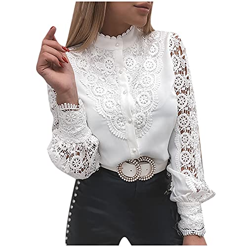 Masrin Damen Hemd Elegante, modische Patchwork-Tops mit ausgehöhlter Spitze Langärmlige Rollkragen Bluse mit Applikationen Weiße Partykleidung(S,Beige) von Masrin