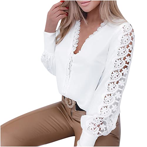 Masrin Damen Hemd Elegante, modische Patchwork-Tops mit ausgehöhlter Spitze Langärmlige Rollkragen Bluse mit Applikationen Weiße Partykleidung von Masrin
