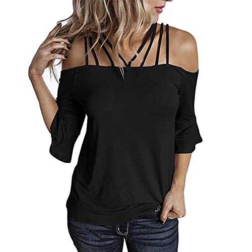 Masrin Damen Oberteile Lässige einfarbige schulterfreie Bluse Sexy Slash Neck Sling Tunika Cold Shoulder Pullover mit Dreiviertelärmeln T Shirt mit ausgestellten Ärmeln Bequeme Tees von Masrin