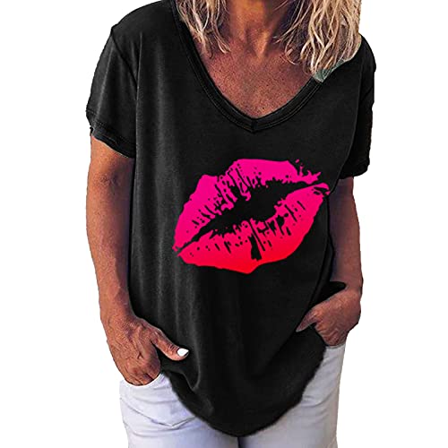 Masrin Damen Sommer Oberteile Vintage T-Shirt mit Lippen-Print Kurzärmlige, lockere Tunika-Bluse mit V-Ausschnitt(2XL,Schwarz) von Masrin