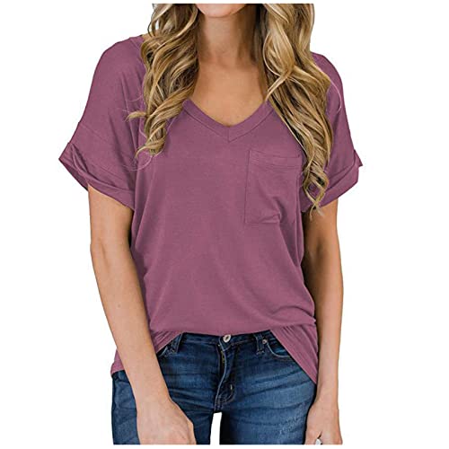 Masrin Damen T-Shirt Lässig Einfarbig Basic Tops Schlichte Einfachheit T-Shirts V-Ausschnitt Kurzarm Loose Tunika All-Match Bluse von Masrin