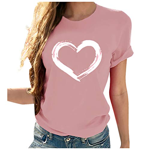 Masrin Damen T-Shirt Lässig Herzförmige Print Tank Tops Kurzarm Tunika Bluse mit O-Ausschnitt (S,Rosa) von Masrin