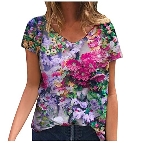 Masrin Damen T-Shirt Lässige Blumen Schmetterling Bedruckte Tops Plus Size Kurzarm T-Shirt Bluse mit tiefem V-Ausschnitt (L,Violett) von Masrin