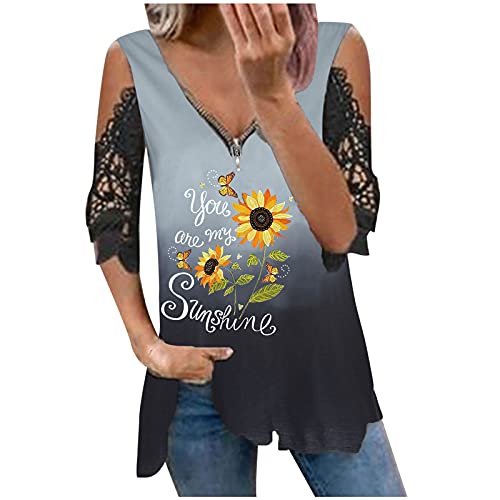 Masrin Damen T-Shirt Lässige Oberteile mit 3D-Digitaldruck Tee Tops Sommer Aushöhlen Schulterfrei Kurzarm Pullover Reißverschluss V-Ausschnitt Lose Rüschenbluse von Masrin