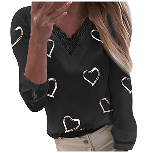 Masrin Damen Tops Mode Liebe Herz Bedrucktes T-Shirt V-Ausschnitt Spitze Patchwork Pullover Langarm Lose Bluse(L,Schwarz) von Masrin