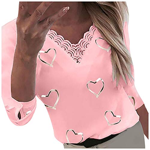 Masrin Damen Tops Mode Liebe Herz Bedrucktes T-Shirt V-Ausschnitt Spitze Patchwork Pullover Langarm Lose Bluse(M,Rosa) von Masrin