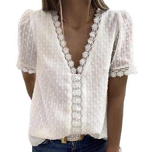 Masrin Damen Tops Mode Spitze Jacquard T-Shirt Tiefer V-Ausschnitt Blumenstickerei Patchwork Pullover Einfarbige Tunika Bluse (L,Weiß) von Masrin