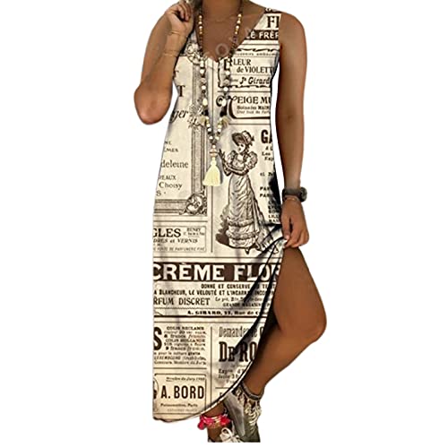Masrin Damenkleid Sommer lässig 3D-bedrucktes Sommerkleid Ärmelloses V-Ausschnitt Knöchellanges Maxi-Langkleid Elegantes Strandkleid Partykleid(XL,Beige) von Masrin