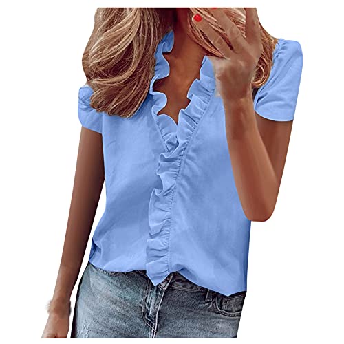 Masrin Damenoberteile Mode Elegante Rüschenbluse Sommer Einfarbig T-Shirt Tiefer V-Ausschnitt Kurzarm Schlanke Tunika Büro Party Wear(L,Blau) von Masrin
