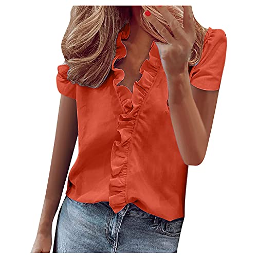 Masrin Damenoberteile Mode Elegante Rüschenbluse Sommer Einfarbig T-Shirt Tiefer V-Ausschnitt Kurzarm Schlanke Tunika Büro Party Wear(L,Orange) von Masrin
