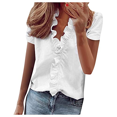 Masrin Damenoberteile Mode Elegante Rüschenbluse Sommer Einfarbig T-Shirt Tiefer V-Ausschnitt Kurzarm Schlanke Tunika Büro Party Wear(L,Weiß) von Masrin