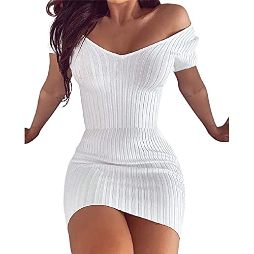 Masrin Etuikleid für Damen Sexy einfarbiges figurbetontes Kleid Kurzärmliges Geripptes Kleid mit V Ausschnitt Minikleid Club Kleid Party Kleid(XL,Weiß) von Masrin