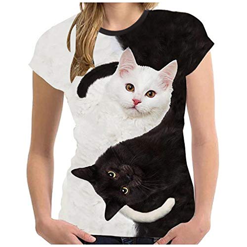 Masrin Frauen T-Shirt Lässig Katzenmotiv Tops Plus Size 3D Tierdruck Pullover Sommer Kurzarm O-Ausschnitt Lose Tunika Haustier Katze Liebhaber Bluse(L,Schwarz) von Masrin