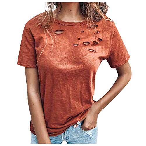 Masrin Frauen T-Shirt Vintage einfarbig Top Persönlichkeit Loch Shirt Streetwear Kurzarm Rundhalsausschnitt Lose Tunika Bluse(S,Orange) von Masrin