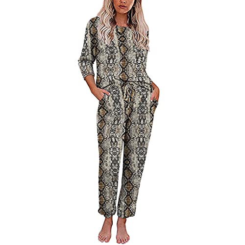 Masrin Heimanzug für Damen Lässiges Batik-Zweiteiler-Set mit Leopardenmuster O-Ausschnitt Langarm Pullover + Hose Split Pyjamas Sport-Fitness-Anzug(L,Braun/2) von Masrin