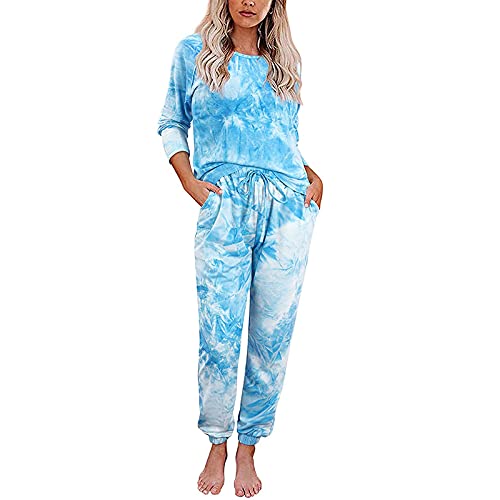 Masrin Heimanzug für Damen Lässiges Batik-Zweiteiler-Set mit Leopardenmuster O-Ausschnitt Langarm Pullover + Hose Split Pyjamas Sport-Fitness-Anzug(M,Blau) von Masrin