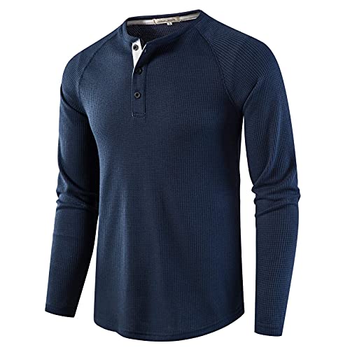 Masrin Herren Pullover Herbst Einfarbiges Grundhemd mit Knopfleiste Langarm O-Ausschnitt Basic Sweatshirt Sport Activewear Unterhemd(XXL,Blau) von Masrin