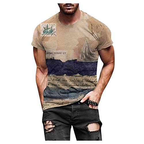 Masrin Herren T-Shirt Frühling Sommer Navigation Motiv Pullover Vintage 3D Bedruckte Tops Kurzarm O-Ausschnitt Slim Tunika Bluse(M,Khaki) von Masrin