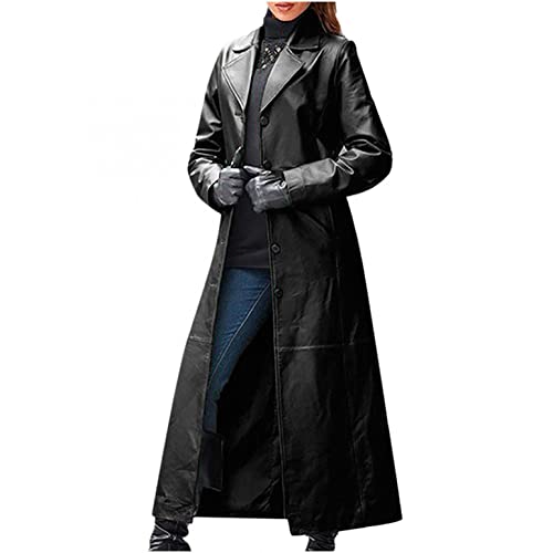 Masrin Langer Trenchcoat Damen Imitation PU Cardigan Verlängerung Ledermantel Windjacke Revers Langarmshirts Einreihige Strickjacke Bluse mit offenem Stich Übergangsjacke Wintermantel Winterjacke von Masrin