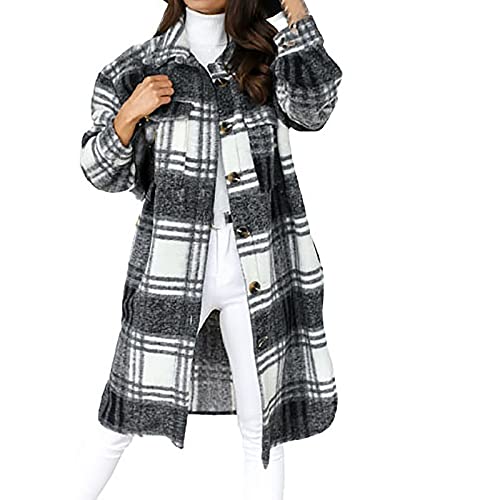 Masrin Langer Wollmantel Damen Lässige Karierte Hemdjacke Einreihige Windjacke mit Revers Herbst Langarmshirts Hemd im Street Hipster Stil Strickjacken Übergangsmantel Übergangsjacke Winterjacken von Masrin