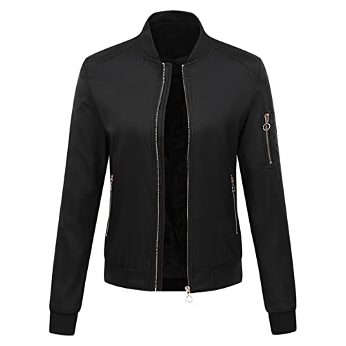 Masrin Lederjacke Damen Bomberjacke Übergangsjacke für Sommer Herbst Revers Langarm Winterjacke Leichte Baseballjacke Sweatjacke mit Zipper Sportjacke SoftshelljJacke Wanderjacke Geschenk für Frauen von Masrin